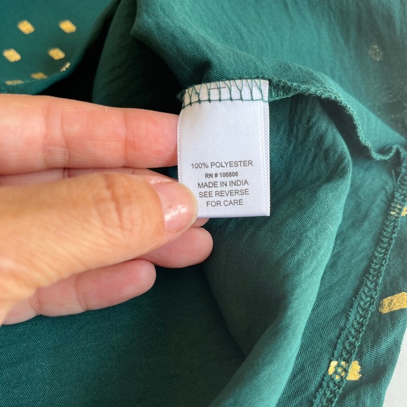Sz XL Green Gold Glitter Dots Open Split Buttoned V Neck Pullover Blouse - Picture 7 of 8